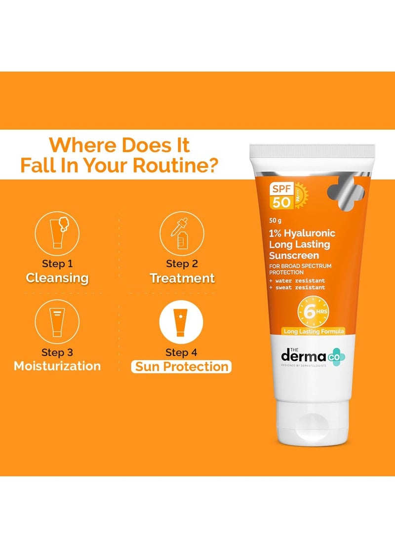 The Derma Co 1% Hyaluronic Long Lasting Sunscreen Spf 50 Pa++++|With Hyaluronic Acid & Vitamin E|For Broad Spectrum|Upto 6H Sun Protection|Water & Sweat Resistant|No Reapplication Needed|50G, All