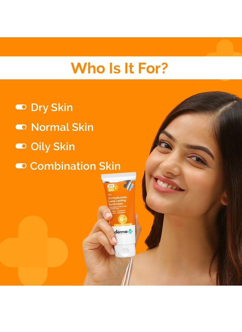 The Derma Co 1% Hyaluronic Long Lasting Sunscreen Spf 50 Pa++++|With Hyaluronic Acid & Vitamin E|For Broad Spectrum|Upto 6H Sun Protection|Water & Sweat Resistant|No Reapplication Needed|50G, All