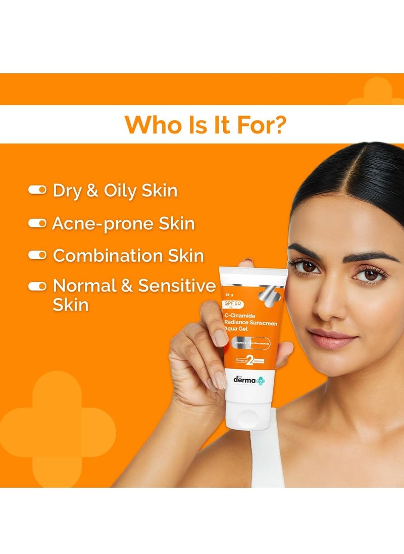The Derma Co . C-Cinamide Sunscreen Aqua Gel Spf 50 Pa++++|Vitamin C & Niacinamide|No White Cast|Uva,Uvb Sun Protection|Blue Light Protection|Ultra Light Gel For All Glowing Skin- 80Gm,1 Count