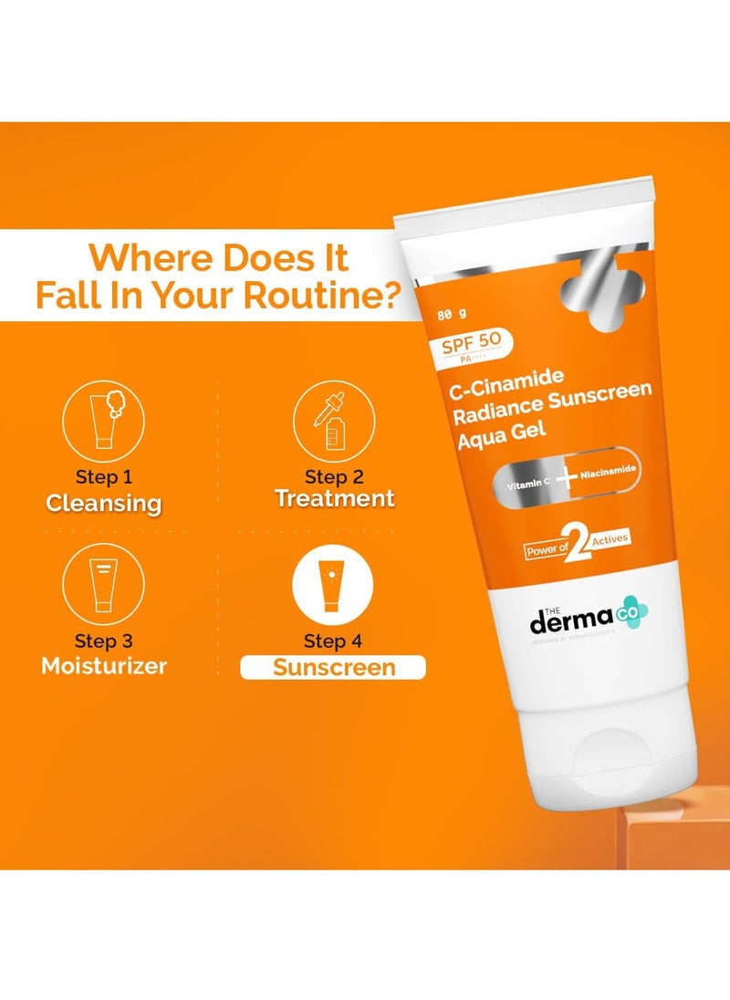 The Derma Co . C-Cinamide Sunscreen Aqua Gel Spf 50 Pa++++|Vitamin C & Niacinamide|No White Cast|Uva,Uvb Sun Protection|Blue Light Protection|Ultra Light Gel For All Glowing Skin- 80Gm,1 Count