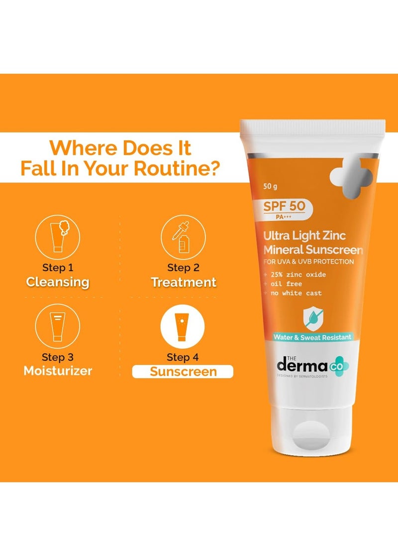 The Derma Co Ultra Light Zinc Mineral Sunscreen I With SPF 50 PA+++ I Water & Sweat Resistant | UVA, UVB & Blue Light Protection I Lightweight & Non- Greasy I No white Cast I For All Skin Type - 50g