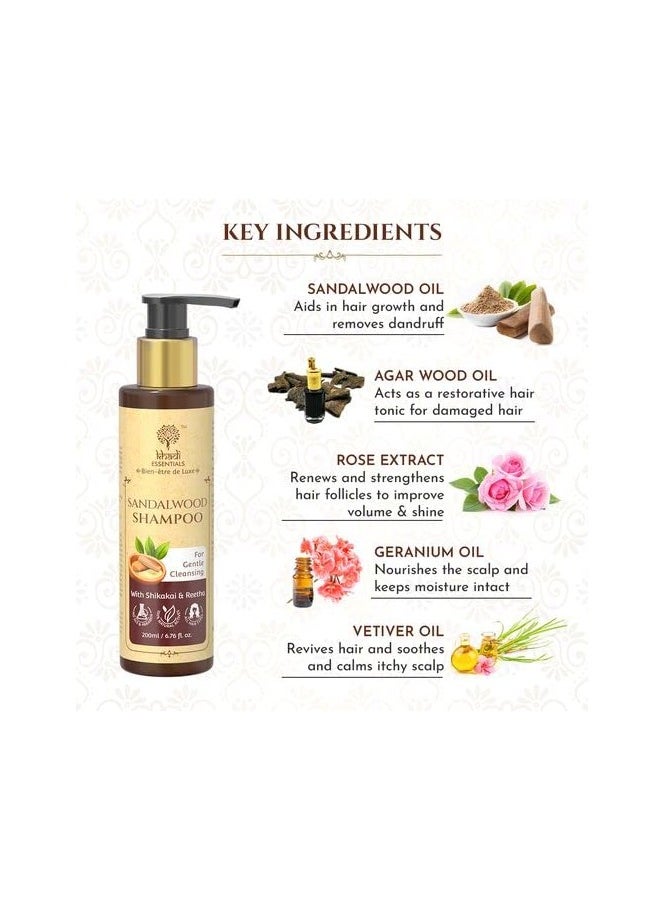 Essentials Sandalwood Rose Hair Shampoo with Geranium, Vetiver, Bhringraj Oil, For Hair Strengthening, Growth, 200ml SLS Paraben Free Cleanser, Multicolor