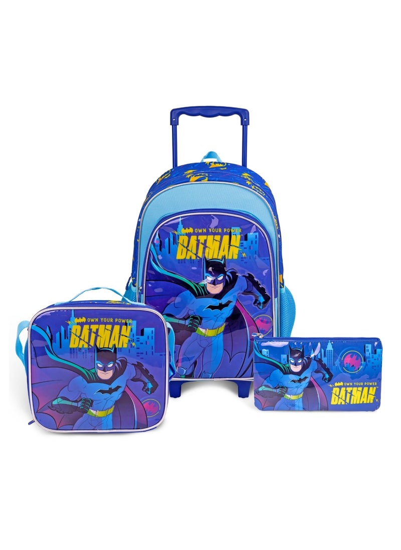 Batman  18 Inch Kids 3-in-1 Trolley School Bag Set - Ergonomic Backpack, Insulated Lunch Bag & Pencil Case,Lightweight, Durable, Students 6+ - Perfect for Travel & School,For Boys