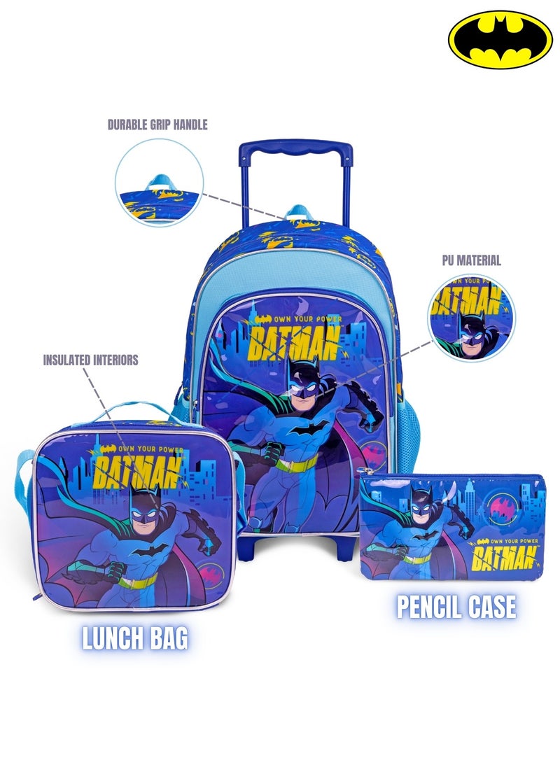 Batman  18 Inch Kids 3-in-1 Trolley School Bag Set - Ergonomic Backpack, Insulated Lunch Bag & Pencil Case,Lightweight, Durable, Students 6+ - Perfect for Travel & School,For Boys