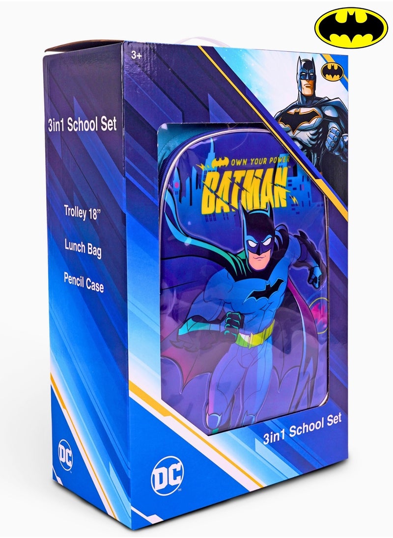 Batman  18 Inch Kids 3-in-1 Trolley School Bag Set - Ergonomic Backpack, Insulated Lunch Bag & Pencil Case,Lightweight, Durable, Students 6+ - Perfect for Travel & School,For Boys