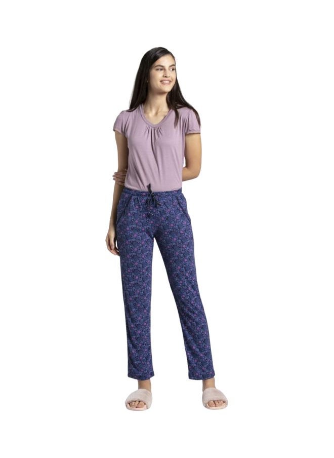 RX09 Women Micro Modal Cotton Relaxed Fit Printed Pyjama with Lace Trim on Pockets