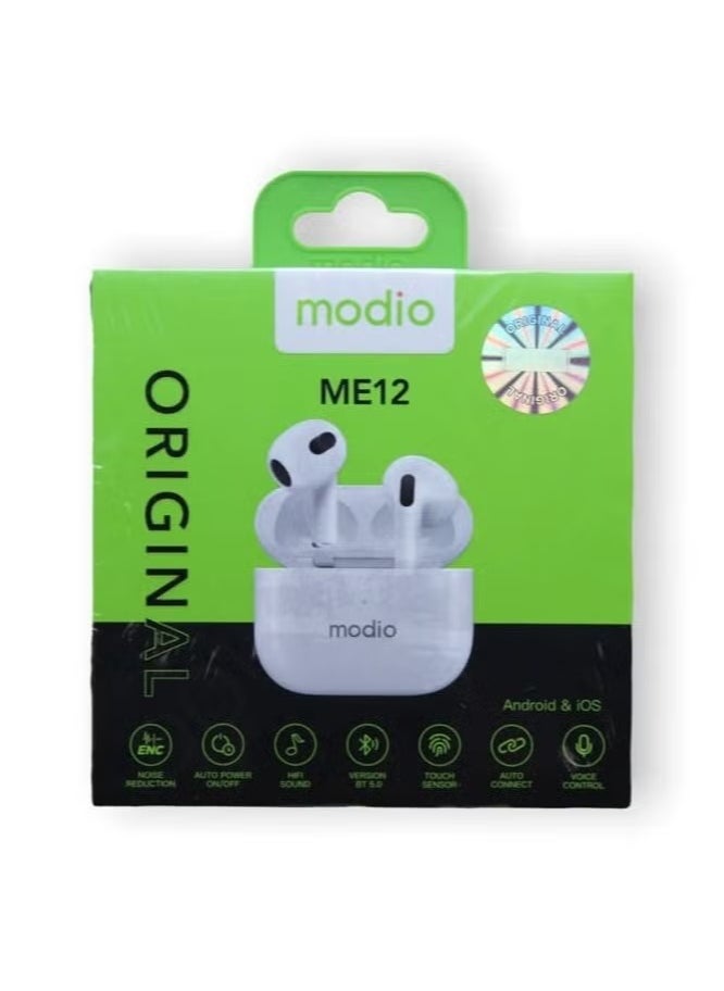ME12 Bluetooth Wireless Earphone || Premium Stereo Sound, Comfortable Fit, Long Battery Life, Noise Isolation, Touch Controls – Perfect for Android, iOS, and Bluetooth Devices – Ideal for Music, Calls & Hands-Free Use – White