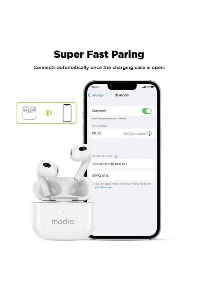 ME12 Bluetooth Wireless Earphone – Premium Stereo Sound, Comfortable Fit, Long Battery Life, Noise Isolation, Touch Controls – Perfect for Android, iOS, and Bluetooth Devices – Ideal for Music, Calls & Hands-Free Use – White