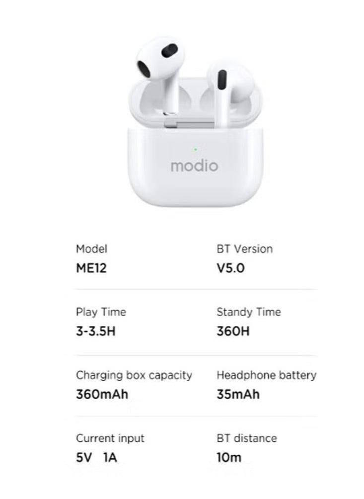 ME12 Bluetooth Wireless Earphone -- Premium Stereo Sound, Comfortable Fit, Long Battery Life, Noise Isolation, Touch Controls – Perfect for Android, iOS, and Bluetooth Devices – Ideal for Music, Calls & Hands-Free Use – White