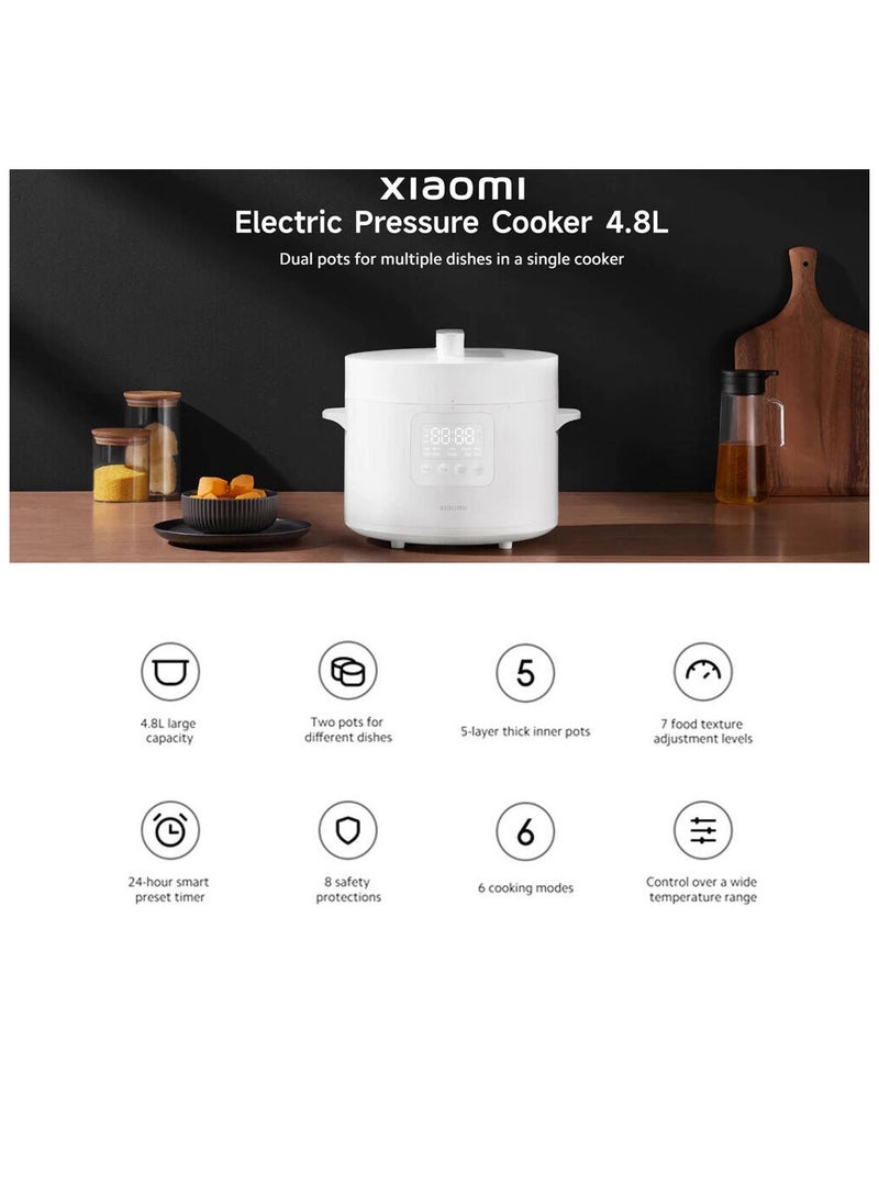 Electric Pressure Cooker, 4.8L Capacity, 5-Layer Inner Pots, 7 Texture Levels, 6 Cooking Modes, 8 Safety Features, 24-Hour Smart Timer 4.8 L 1000 W MYL02-1 White