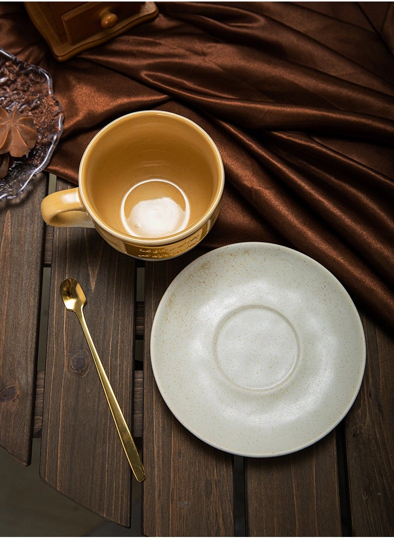 Ceramic Coffee Mug set with Copper Plaque Inscription, one plate and one spoon , Eco-Friendly Recyclable Material, 335 ml