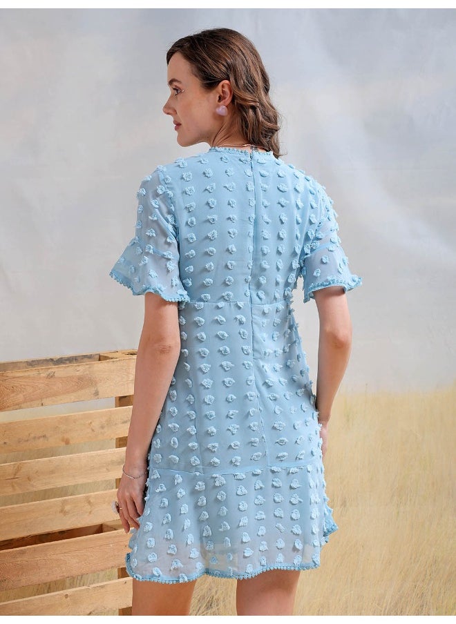 Women Casual Fit And Flare Textured Ruffled Round Neck Mini Dress