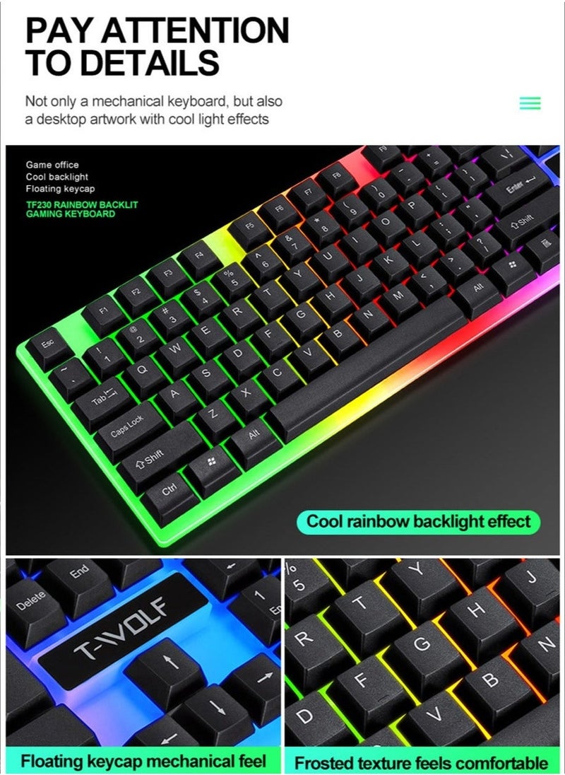 Gaming Keyboard Mouse Combo Rainbow LED Backlit Ambient Light Illuminated Character Wired USB Keyboard Mice Compatible with Windows XP/7/10 MacBook PS4 PS5 Xbox one Value Combo Set