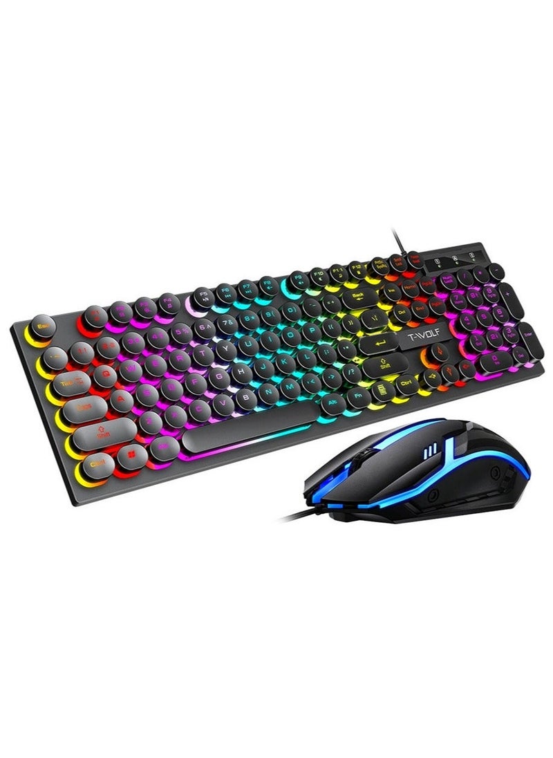 Typewriter Style Mechanical Gaming Keyboard and Mouse Combo RGB Backlit Wired with Switch Retro Round Keycap 104 Keys Keyboard  Cool Light Up Keyboard and Mouse for Gaming,Work,Mac,PC,Windows