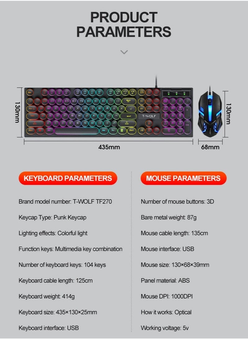 Typewriter Style Mechanical Gaming Keyboard and Mouse Combo RGB Backlit Wired with Switch Retro Round Keycap 104 Keys Keyboard  Cool Light Up Keyboard and Mouse for Gaming,Work,Mac,PC,Windows