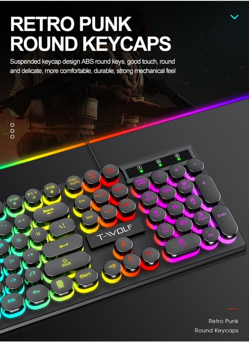 Typewriter Style Mechanical Gaming Keyboard and Mouse Combo RGB Backlit Wired with Switch Retro Round Keycap 104 Keys Keyboard  Cool Light Up Keyboard and Mouse for Gaming,Work,Mac,PC,Windows