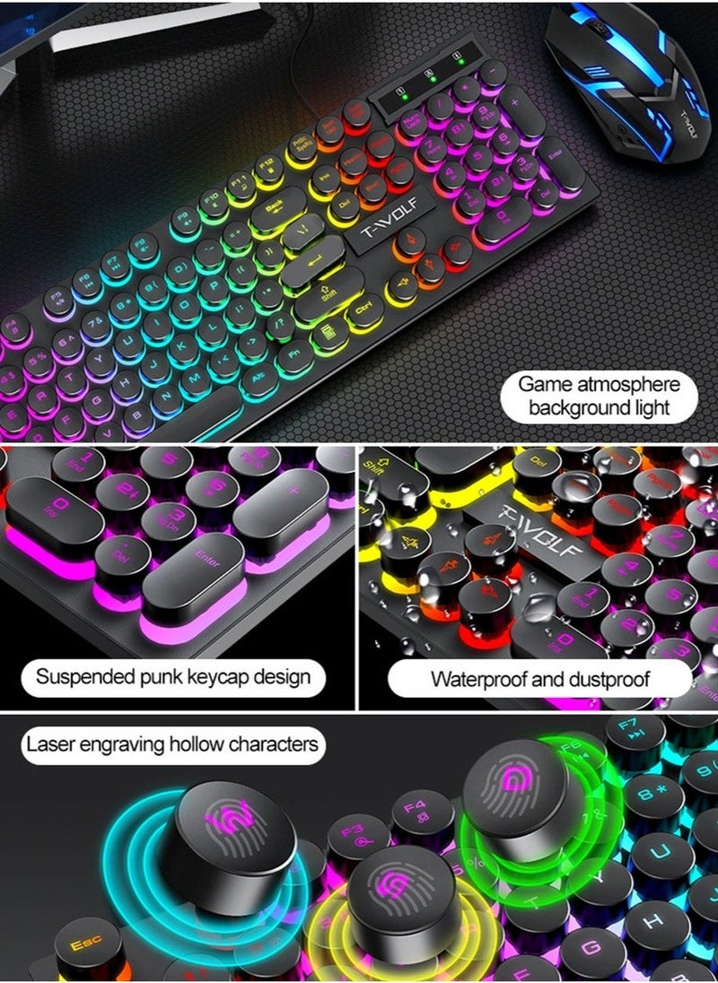 Typewriter Style Mechanical Gaming Keyboard and Mouse Combo RGB Backlit Wired with Switch Retro Round Keycap 104 Keys Keyboard  Cool Light Up Keyboard and Mouse for Gaming,Work,Mac,PC,Windows