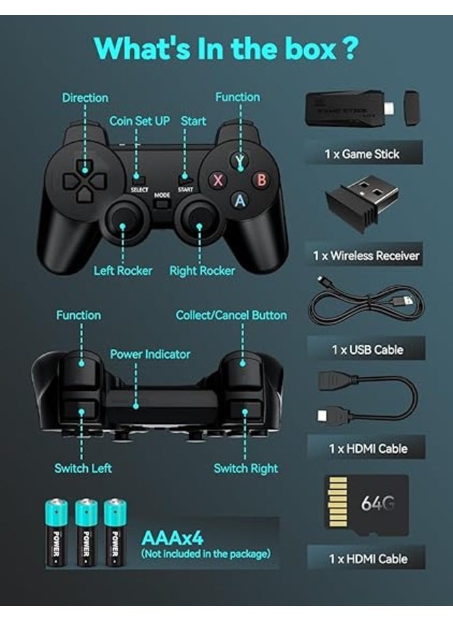 Wireless Gaming Console with Built-in 9 Emulators 20,000+ Games, 4K HDMI Output, and 2.4GHz Wireless Controller,Plug and Play Video Games for TV (64 G)