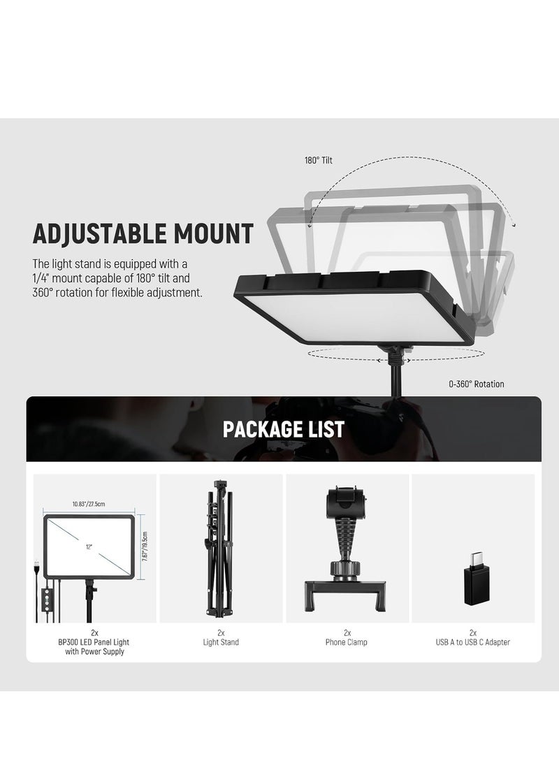 NEEWER BASICS 2 Pack LED Video Light Panel Lighting Kit with 2 59'' Stands & 2 Phone Holders, 850lx/0.5m Bi Color 2700K-6500K Dimmable Studio Light for Photography Filming Recording Live Stream, BP300