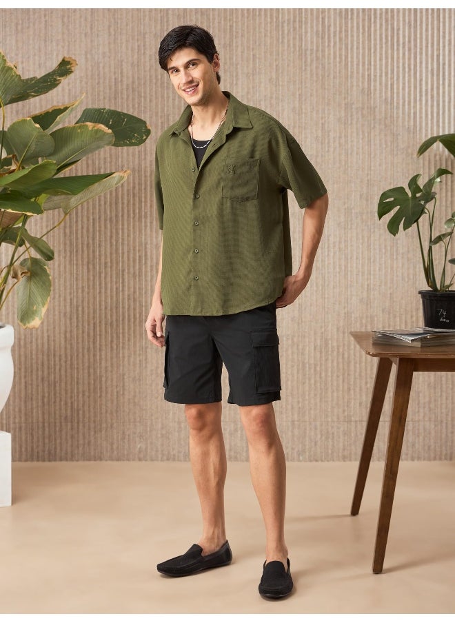 Olive Green Half Sleeve Waffle Shirt for Men