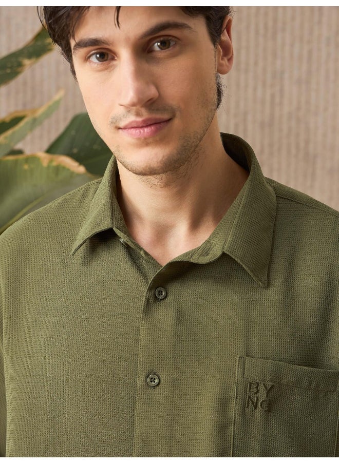 Olive Green Half Sleeve Waffle Shirt for Men