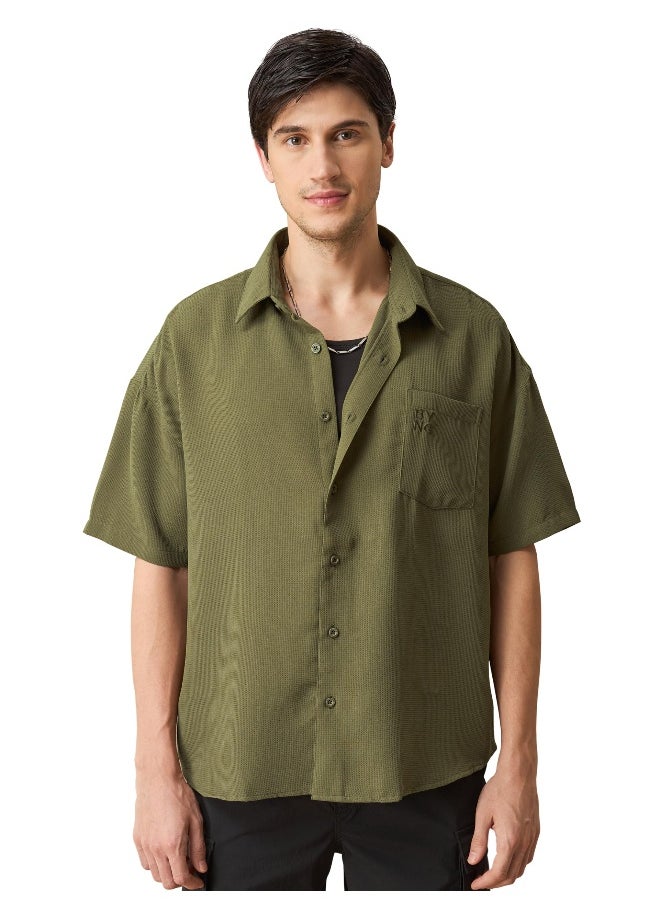 Olive Green Half Sleeve Waffle Shirt for Men
