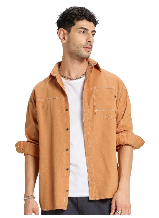 Pastel Orange Contrast Stitch Shirt for Men