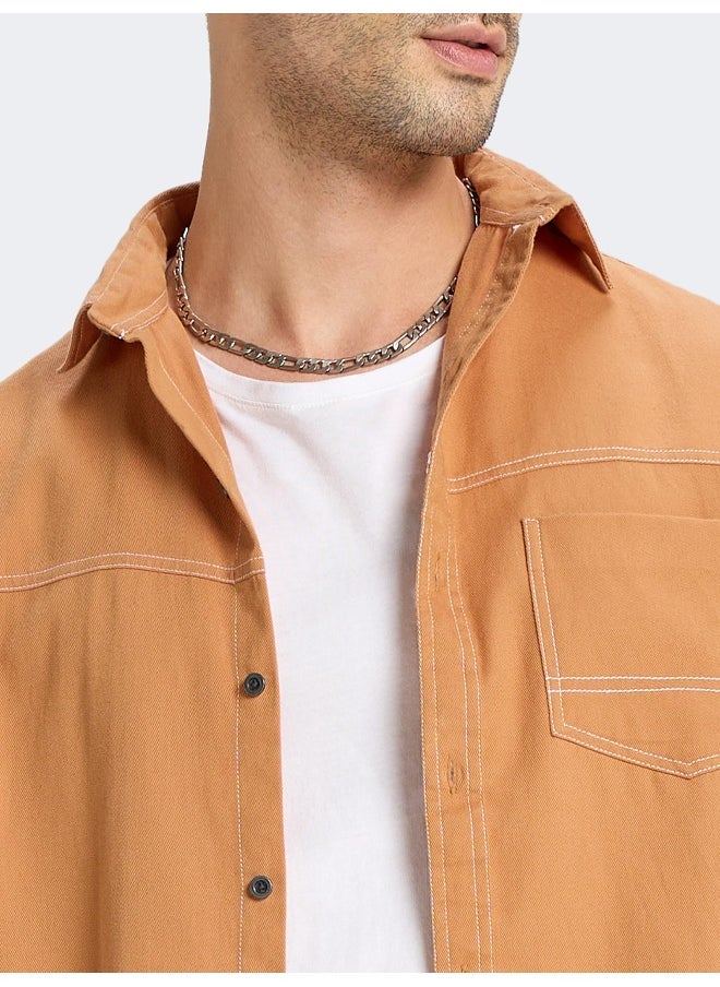 Pastel Orange Contrast Stitch Shirt for Men
