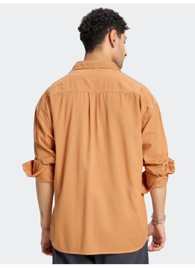 Pastel Orange Contrast Stitch Shirt for Men