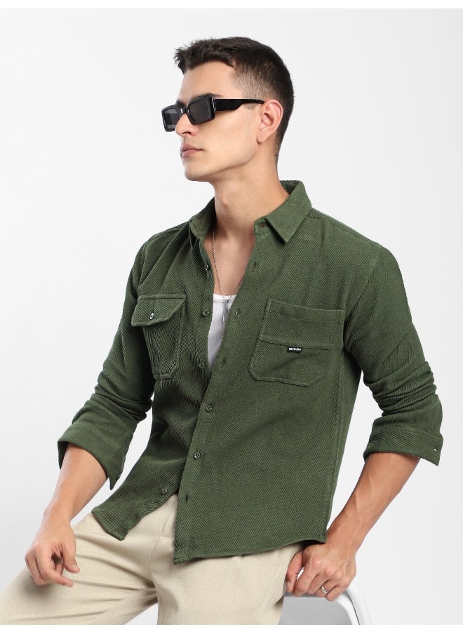 Olive Green Diagonal Striped Shirt