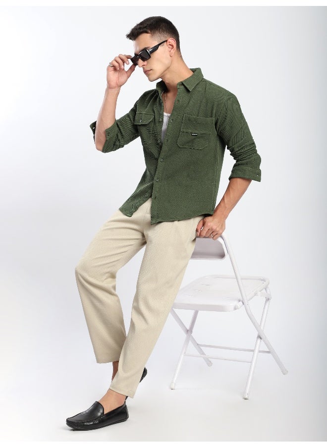 Olive Green Diagonal Striped Shirt