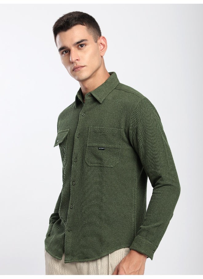 Olive Green Diagonal Striped Shirt