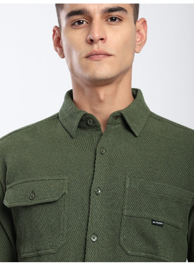 Olive Green Diagonal Striped Shirt