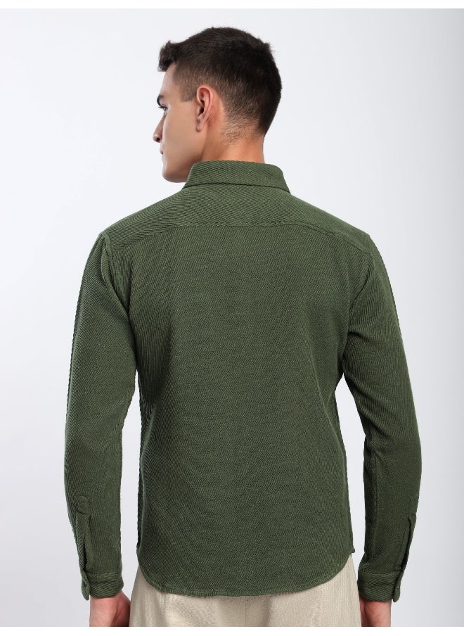 Olive Green Diagonal Striped Shirt