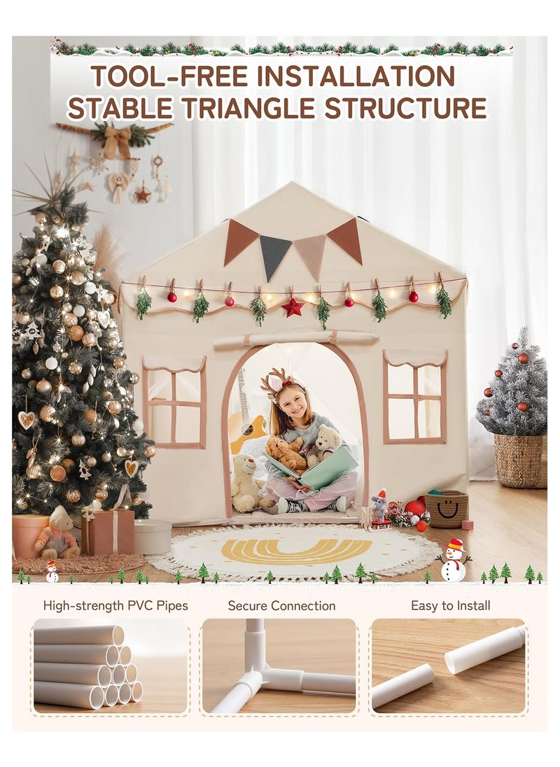 Tent Children's HouseKids Tent, Kids Playhouse 2 in 1 with Padded Mat and Lights, Large Play Tent with 2 Doors & 4 Windows, Kids Play Tent Indoor & Outdoor, Christmas Toddler Tent for Kids, 51