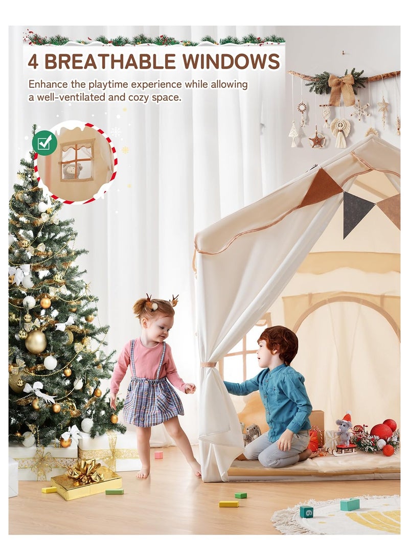 Tent Children's HouseKids Tent, Kids Playhouse 2 in 1 with Padded Mat and Lights, Large Play Tent with 2 Doors & 4 Windows, Kids Play Tent Indoor & Outdoor, Christmas Toddler Tent for Kids, 51