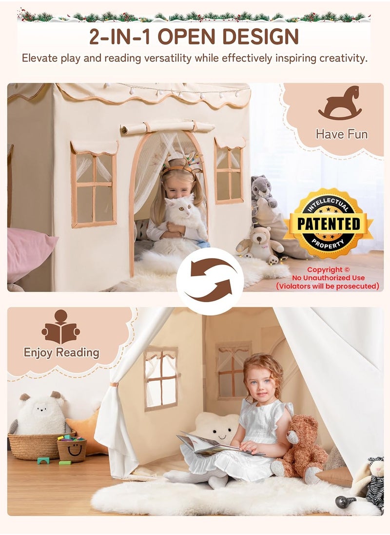 Tent Children's HouseKids Tent, Kids Playhouse 2 in 1 with Padded Mat and Lights, Large Play Tent with 2 Doors & 4 Windows, Kids Play Tent Indoor & Outdoor, Christmas Toddler Tent for Kids, 51