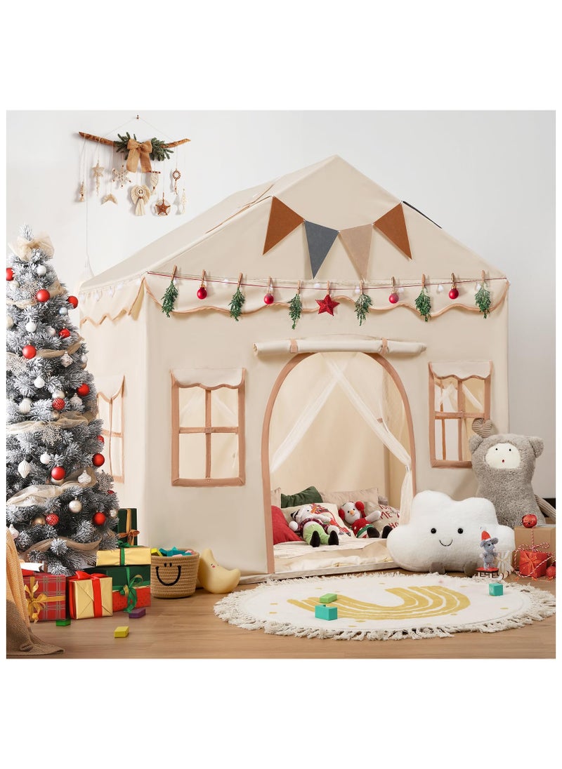 Tent Children's HouseKids Tent, Kids Playhouse 2 in 1 with Padded Mat and Lights, Large Play Tent with 2 Doors & 4 Windows, Kids Play Tent Indoor & Outdoor, Christmas Toddler Tent for Kids, 51