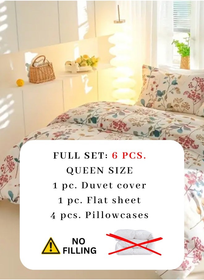 Queen size 6-piece botanical red floral style duvet cover set.