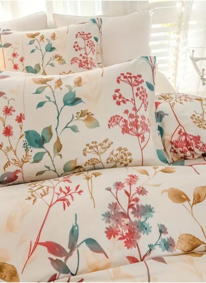 Queen size 6-piece botanical red floral style duvet cover set.