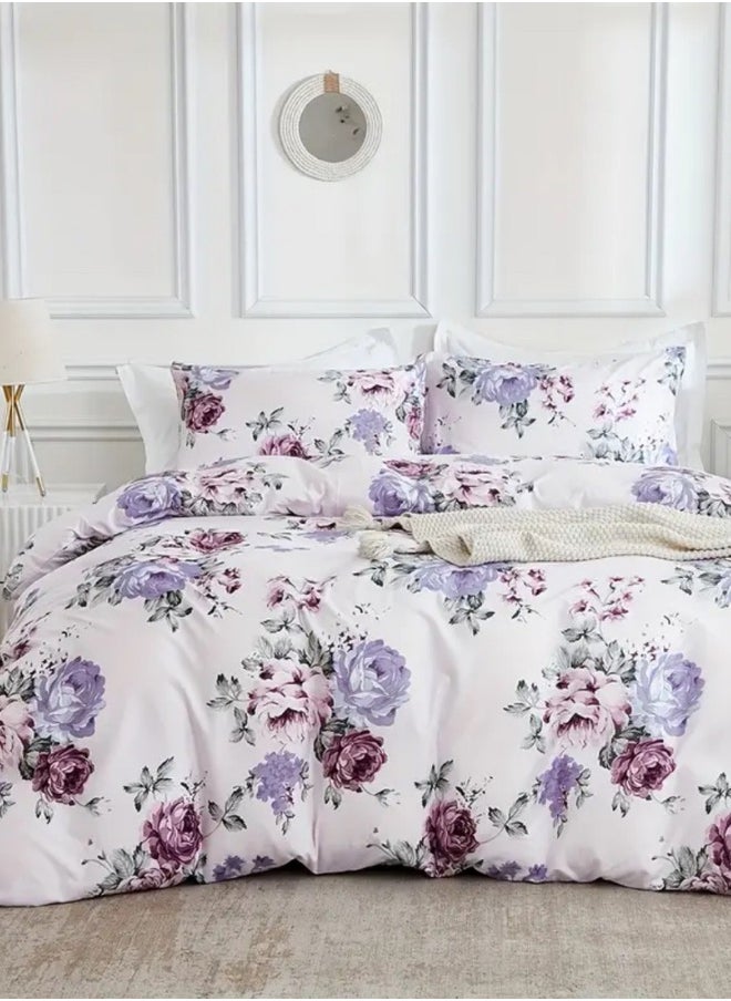 Single size 4 piece bedding set, white bed linen with purple floral pattern.