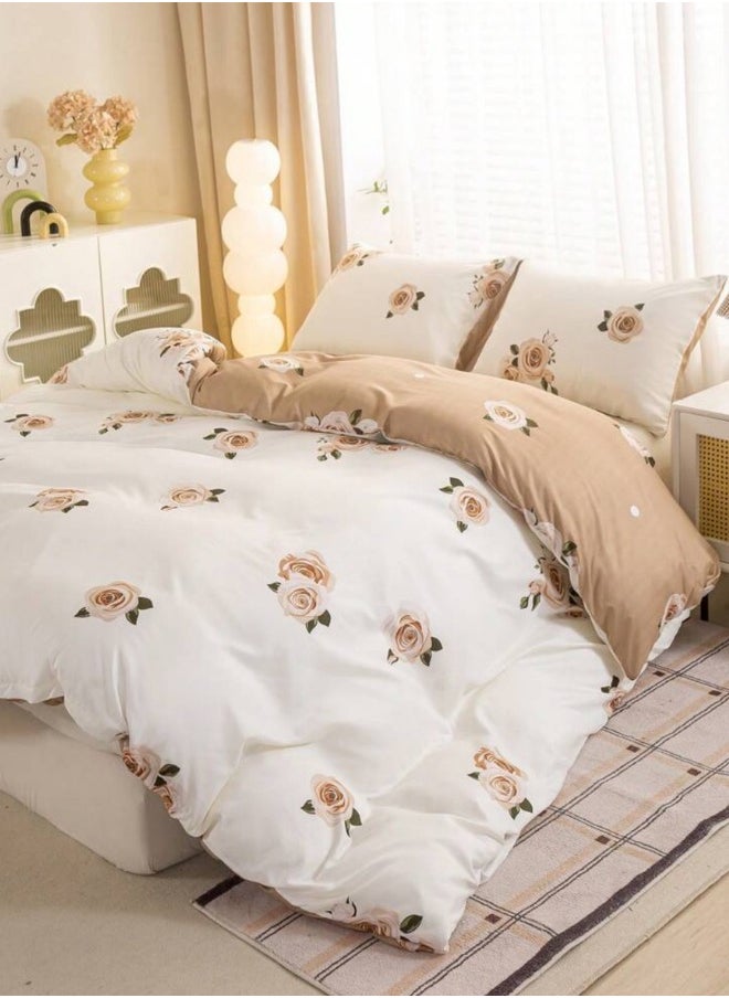 King 6-piece beige duvet cover set featuring a beautiful rose design and reversible style.