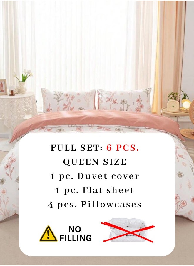 Queen size 6-piece peach bedding set featuring a botanical floral design duvet cover.