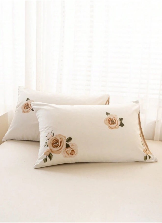 Queen 6-piece beige duvet cover set featuring a beautiful rose design and reversible style.