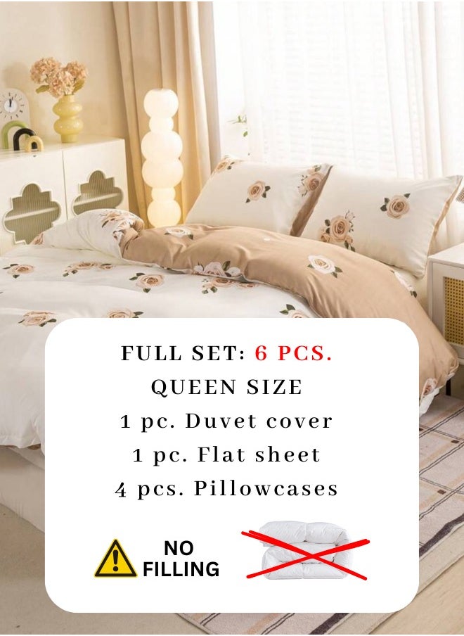 Queen 6-piece beige duvet cover set featuring a beautiful rose design and reversible style.