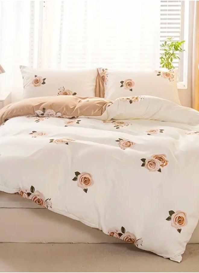 Queen 6-piece beige duvet cover set featuring a beautiful rose design and reversible style.