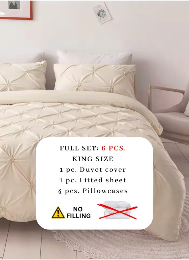 Premium 6 Piece King Size Duvet Cover Pinch Flower Design, Solid Nude Beige color.