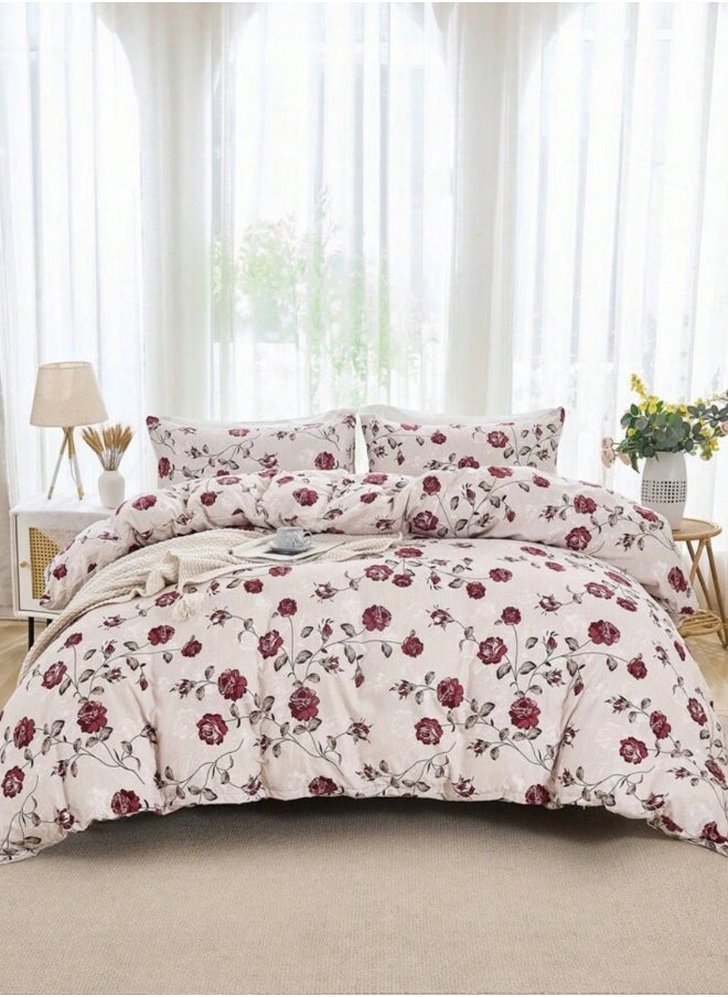 Queen size 6-piece duvet cover set beige with vintage red rose print.