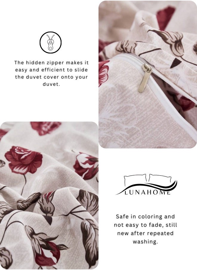 Queen size 6-piece duvet cover set beige with vintage red rose print.
