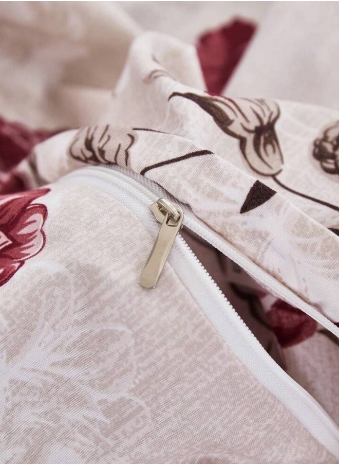 Queen size 6-piece duvet cover set beige with vintage red rose print.